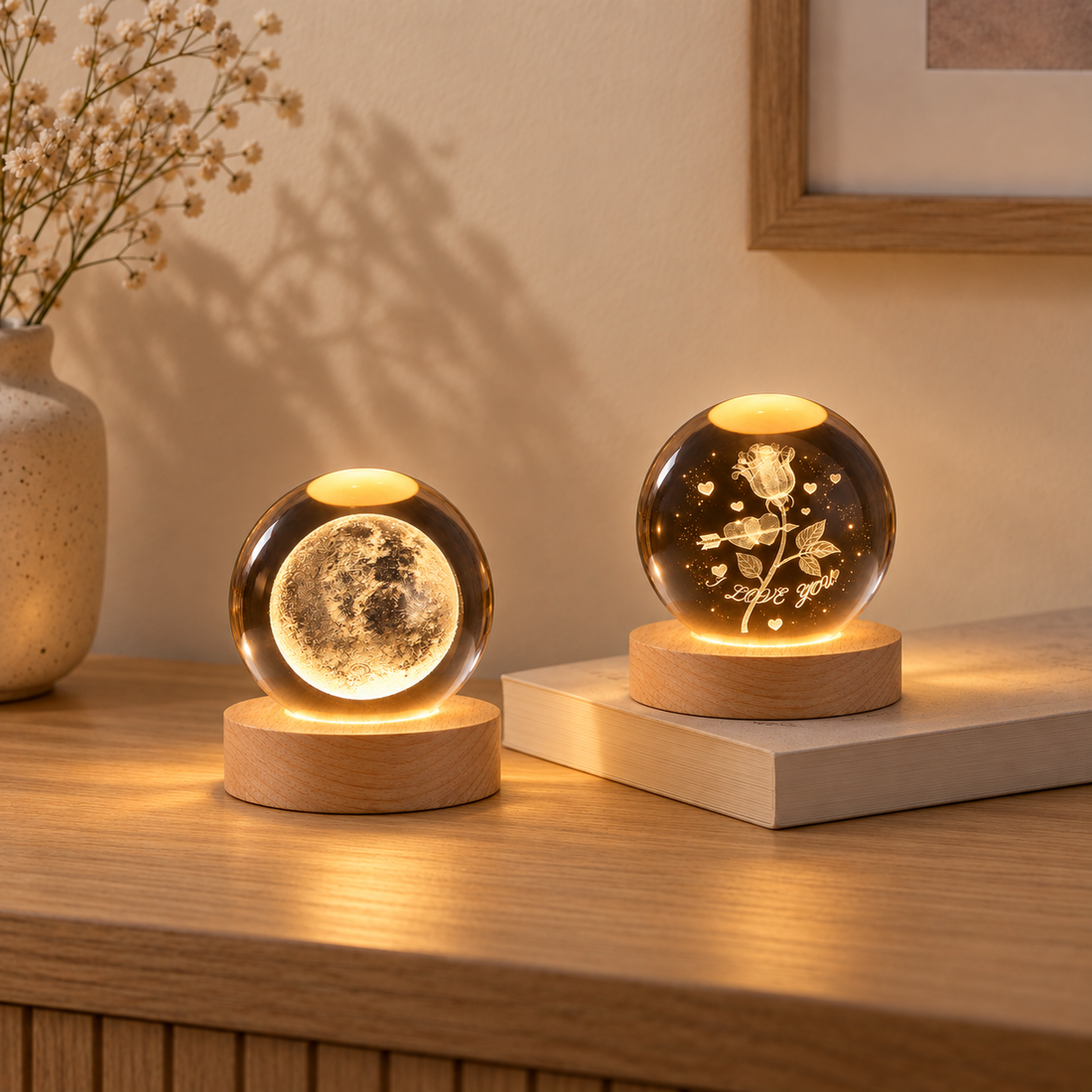 Moon and Rose Radiance Ball lamps on a wooden table