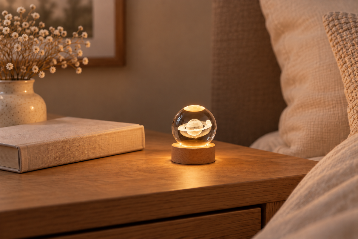 Warm glowing Saturn crystal ball on a wooden bedside table beside a linen book
